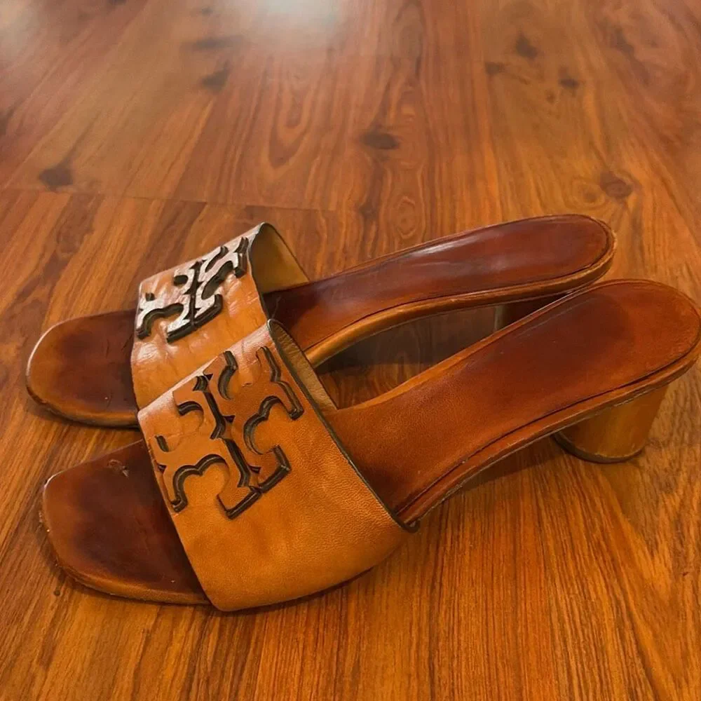Tory Burch Ines brown leather slides heels sandals. Size 9.